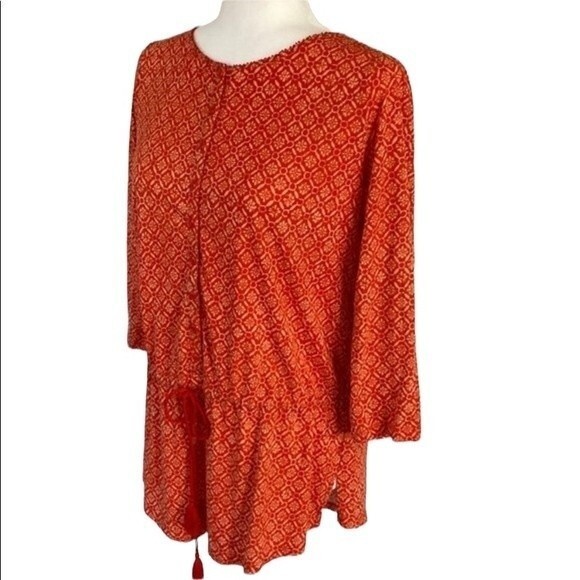 LAUREN Ralph Lauren Geometrical Print Tunic Top 3/4 Sleeve Drawstring Tassel - Picture 1 of 14